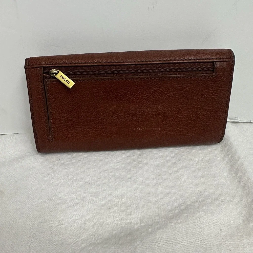 Brown Fossil Cleo Clutch Wallet - Genuine Cow Hide Leather Coin purse Pebbled 8